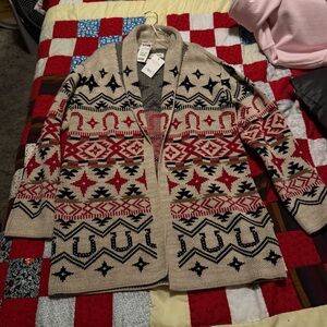 Lucky Brand Beige and Red Patterned Cardigan